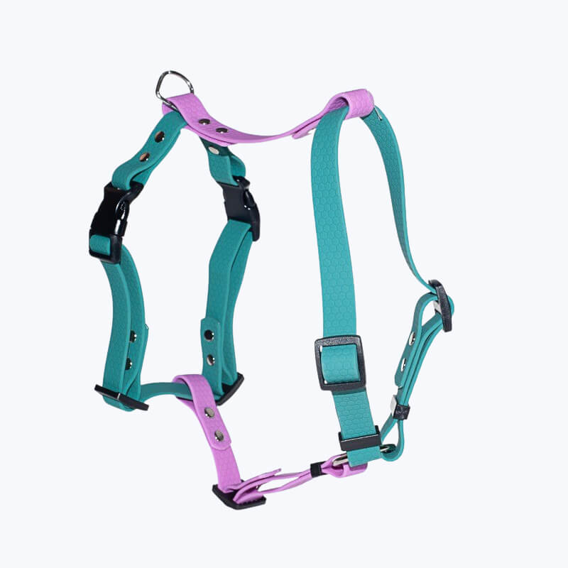 Szelki dla psa z PVC HEXA kolorach zielony oraz pastelowy fiolet, plastikowymi zapięciami w kolorze czarnym.